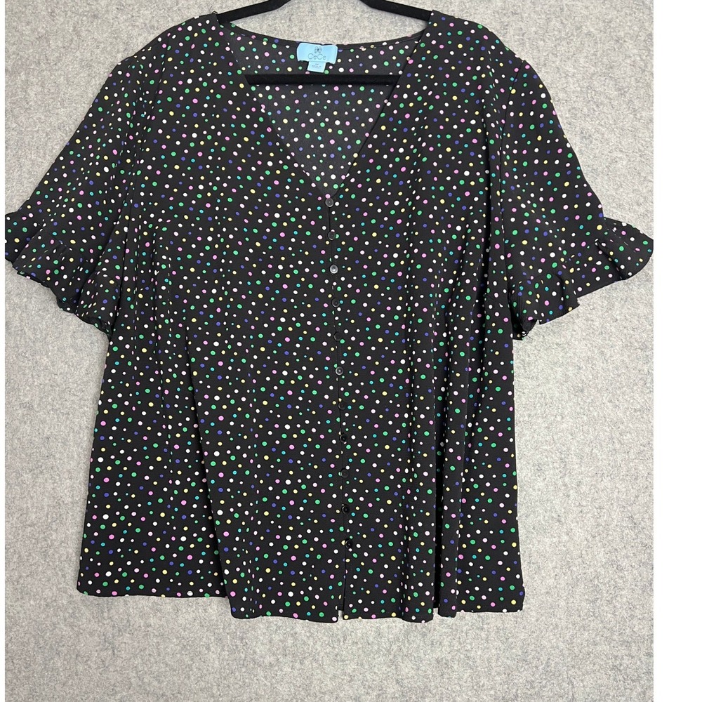 CeCe Womens 3X Black Multi Color Polka Dot Ruffle Sleeve Button Front V-Neck Top
